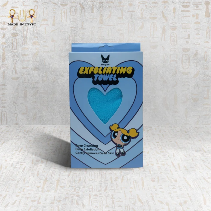 Blue Deep Exfoliating Towel in packaging by Black Cat, with a heart-shaped cutout showing the towel inside.