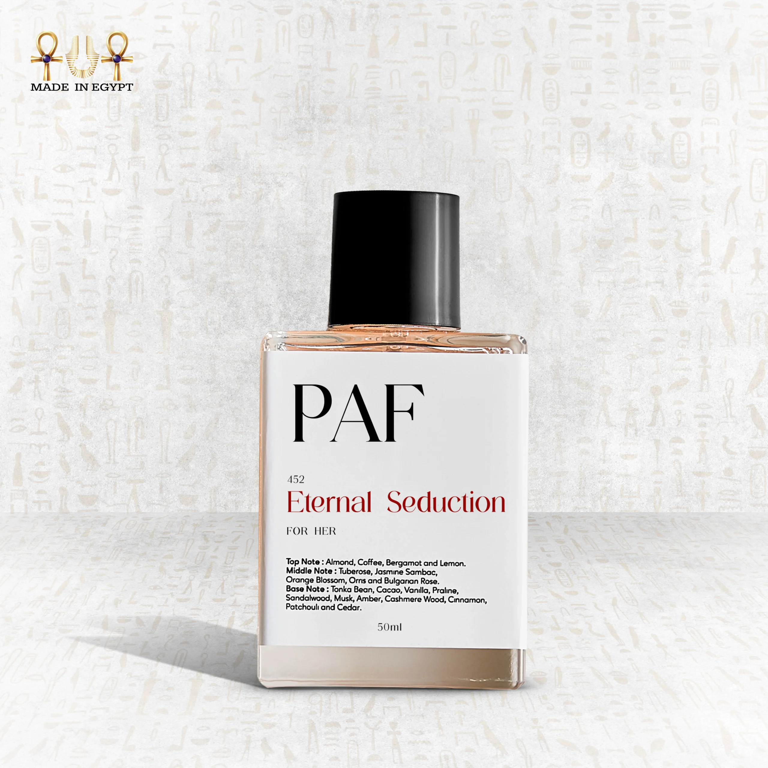 Eternal Seduction Perfume – Almond, Coffee & White Florals Eternal Seduction perfume bottle – almond and coffee with tuberose, jasmine, rose, vanilla, and warm woods