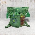 Emerald Delight Green Embroidered Handbag with Colorful Tassels and Intricate Geometric Patterns.