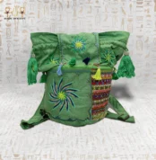 Emerald Delight Green Embroidered Handbag with Colorful Tassels and Intricate Geometric Patterns.