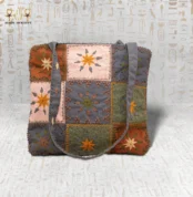 Flower Squares Handbag with Embroidered Patchwork Design in Earthy Tones