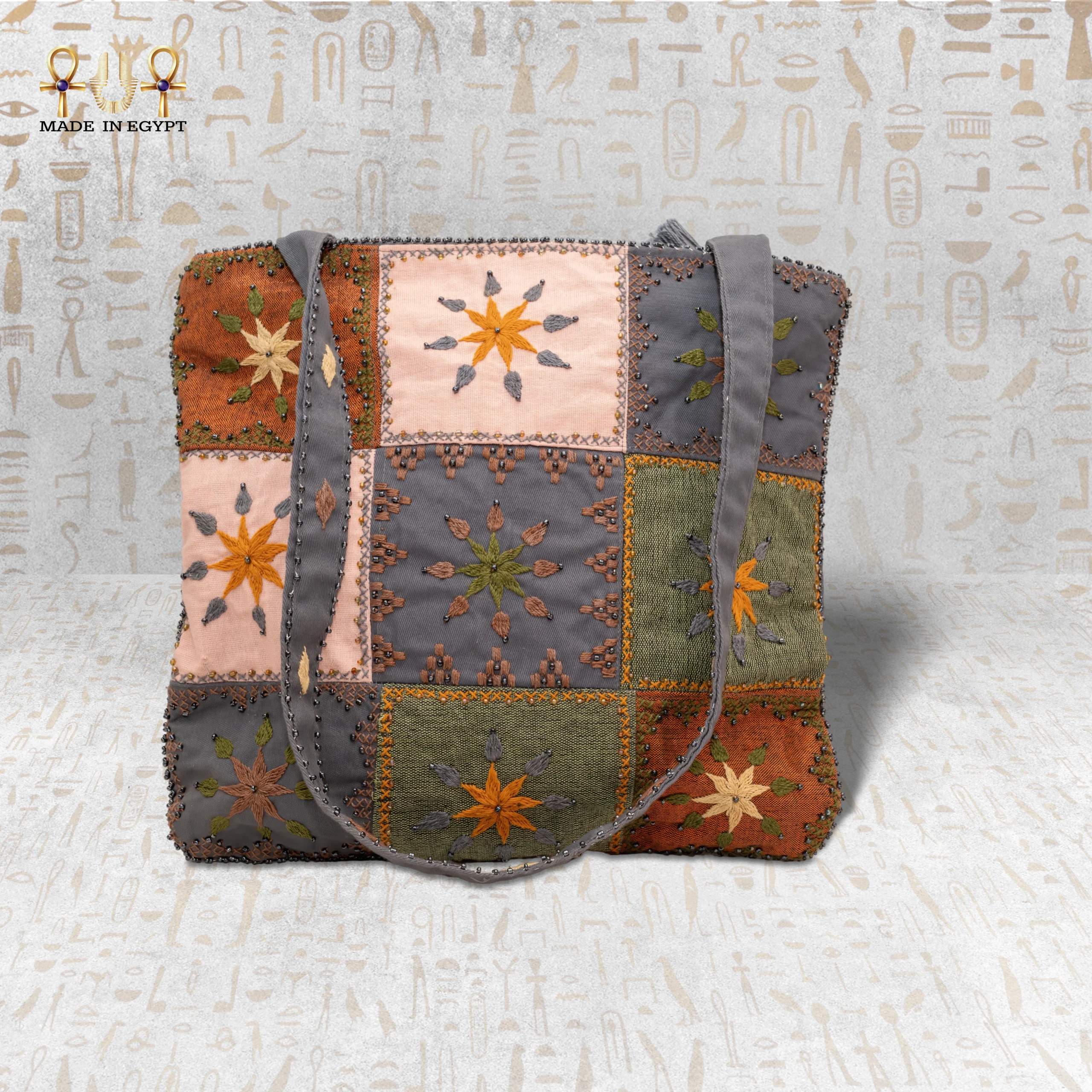Flower Squares Handbag with Vibrant Embroidery Flower Squares Handbag with Embroidered Patchwork Design in Earthy Tones