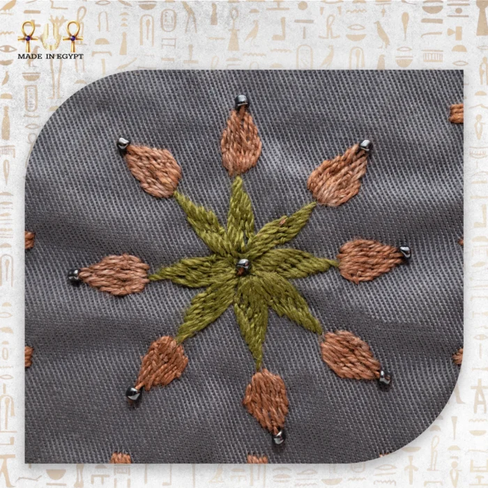Close-up of flower embroidery on Flower Squares bag, with bead accents and earthy color tones.
