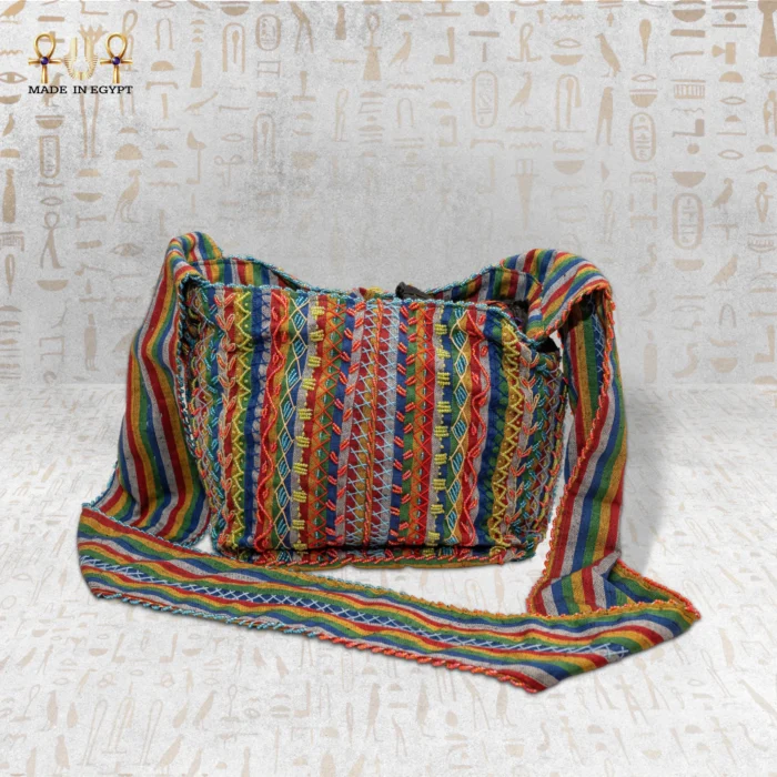 Colorful handwoven bag with intricate multicolor embroidery.