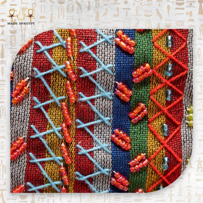 Close-up of multicolor woven fabric pattern of the Joy of Colors bag.