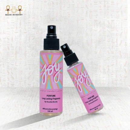 Joy perfume bottles 120ml and 60ml by Rosetta Beauty with cinnamon vanilla cupcake scent