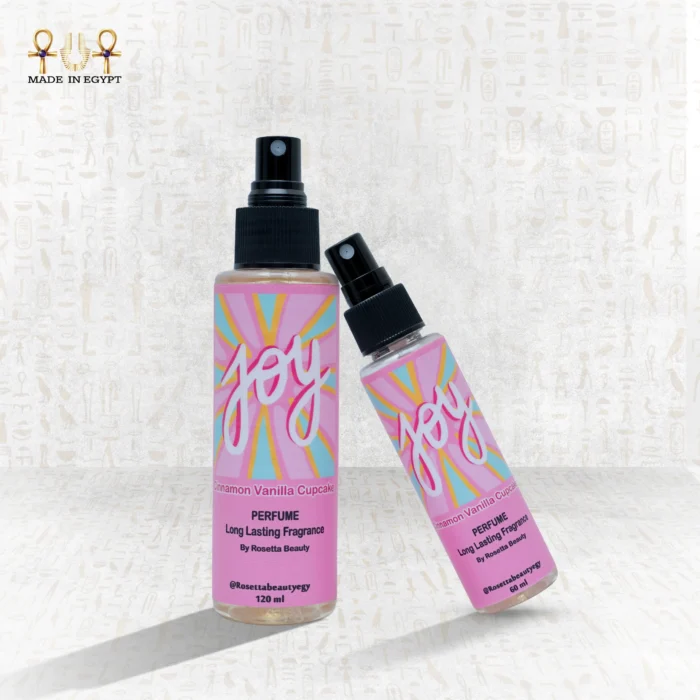 Joy perfume bottles 120ml and 60ml by Rosetta Beauty with cinnamon vanilla cupcake scent