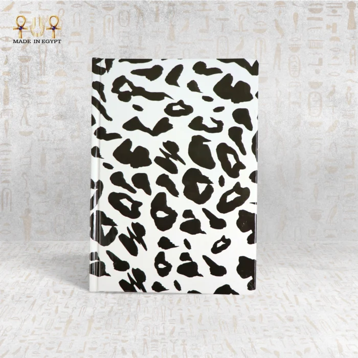 Black and white leopard print notebook with bold animal pattern, made in Egypt