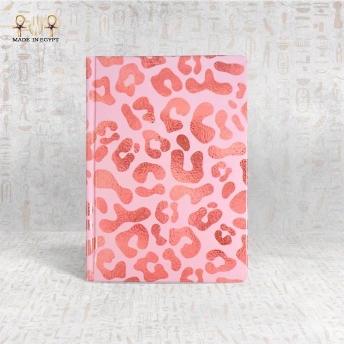 Pink leopard print notebook with metallic details and bold pattern, made in Egypt