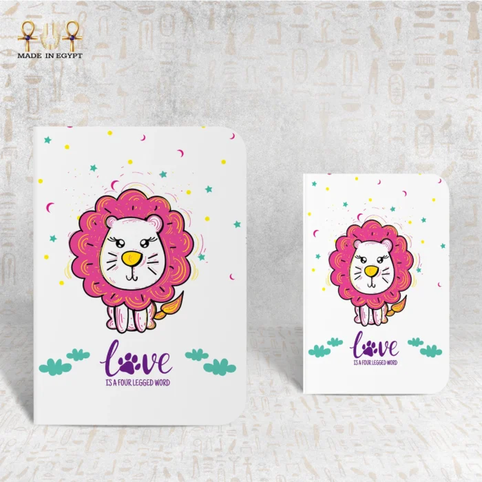 Lion Love notebook featuring a cute cartoon lion with a pink mane and playful background.