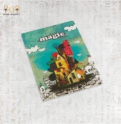 Magic notebook with a colorful artistic house design and whimsical sky background.