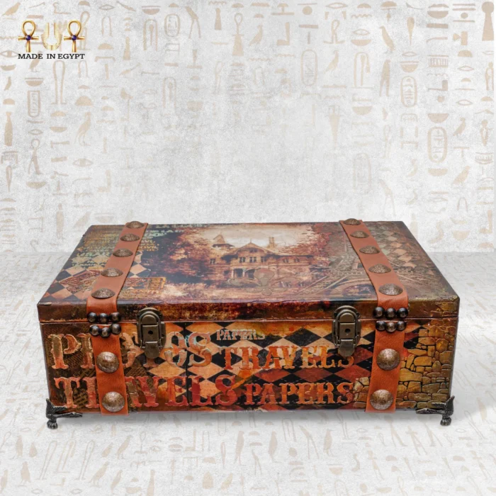 Vintage handcrafted Memories Box with leather straps and brass locks.