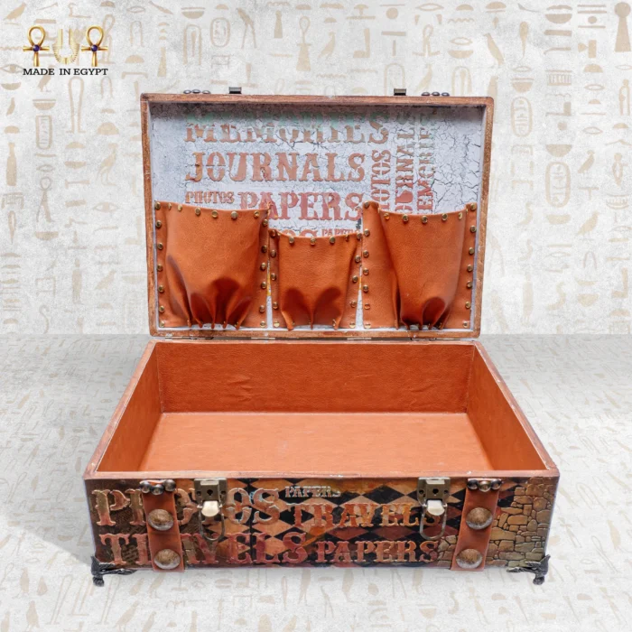 Interior of the Memories Box with leather pockets and storage space.