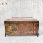 Back side of the handmade Memories Box featuring a vintage 1976 design with newspaper-style details.