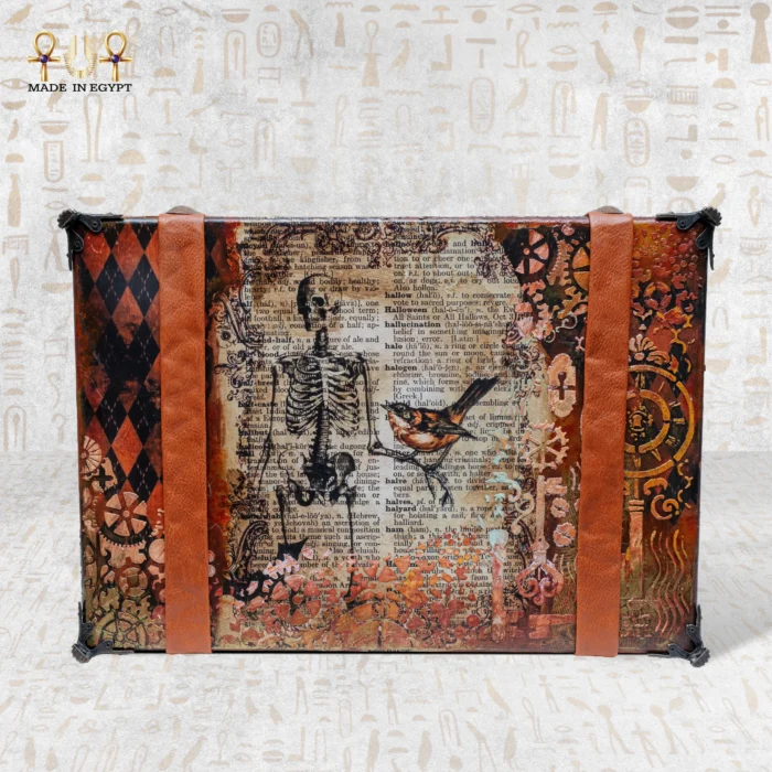 Back panel of the Memories Box with skeleton and bird artwork.