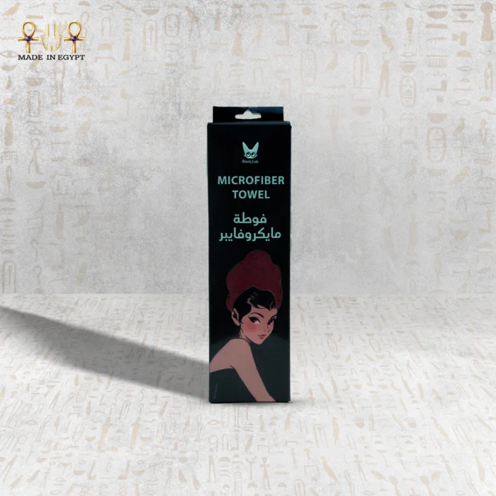 Microfiber Towel packaging with a classic illustration of a woman wearing a red towel