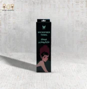 Microfiber Towel packaging with a classic illustration of a woman wearing a red towel