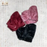 Three microfiber towels in red, pink, and black, each with button fastening.