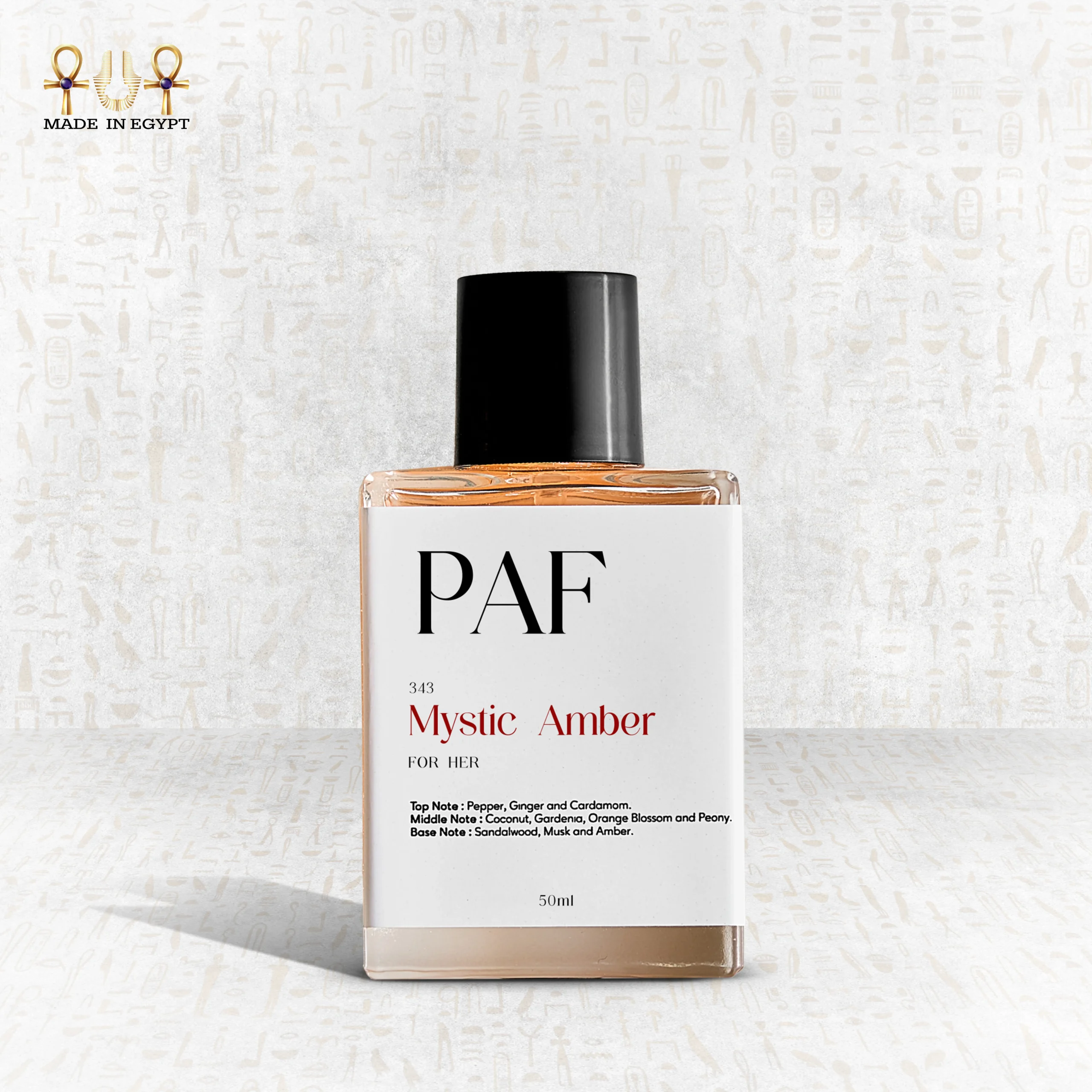 Mystic Amber Perfume by PAF – Spiced Ginger & Warm Amber Mystic Amber perfume by PAF – spicy ginger, cardamom, gardenia, peony, coconut, and warm amber-wood base