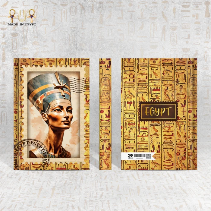 Nefertiti notebook full view with front and back covers featuring hieroglyphic details