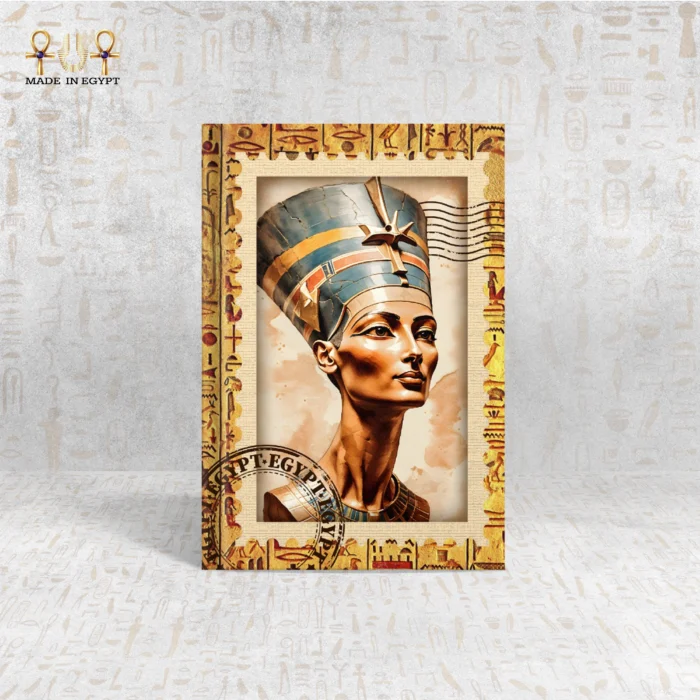 Nefertiti notebook cover with detailed illustration of the Egyptian queen and hieroglyphic frame.