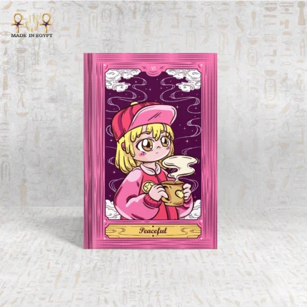 Peaceful notebook cover with a cartoon girl enjoying a warm drink in soft pink and purple tones.
