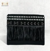 Front view of the Pharaoh’s Touch bag with cascading black fringes and silver embellishment rows.