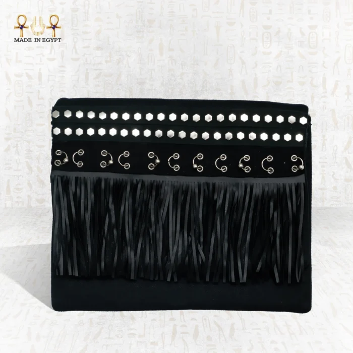 Front view of the Pharaoh’s Touch bag with cascading black fringes and silver embellishment rows.
