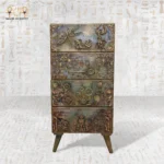 Full front view of the Royal Drawers Unit, a handcrafted storage chest with intricate vintage engravings and brass detailing.