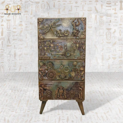 Full front view of the Royal Drawers Unit, a handcrafted storage chest with intricate vintage engravings and brass detailing.