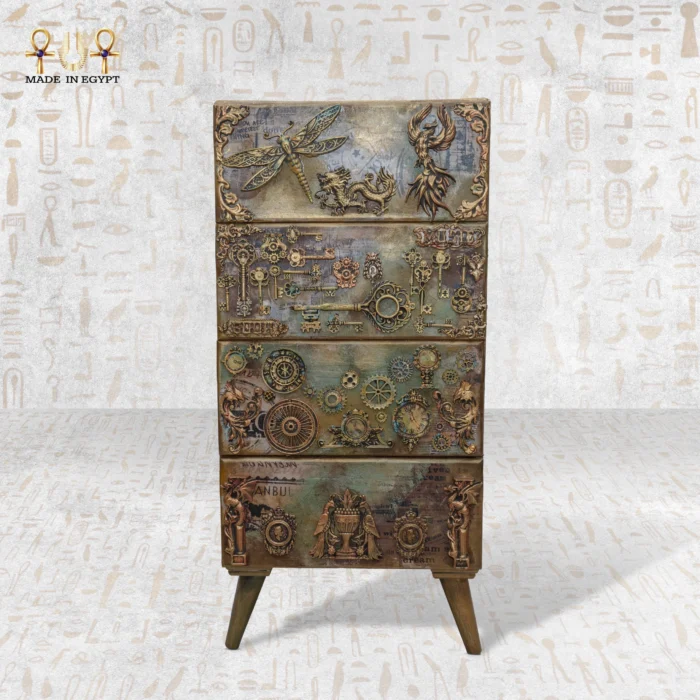 Full front view of the Royal Drawers Unit, a handcrafted storage chest with intricate vintage engravings and brass detailing.