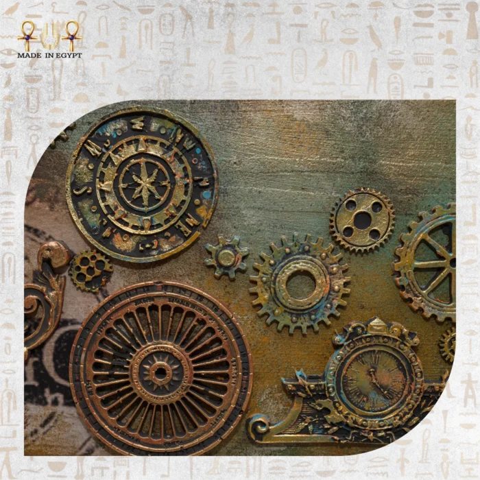 Close-up of antique gears and clockwork motifs on the Royal Drawers Unit.