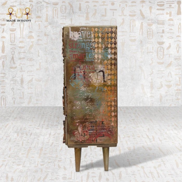 Left-side view of the Royal Drawers Unit displaying artistic engravings, geometric patterns, and layered vintage motifs.