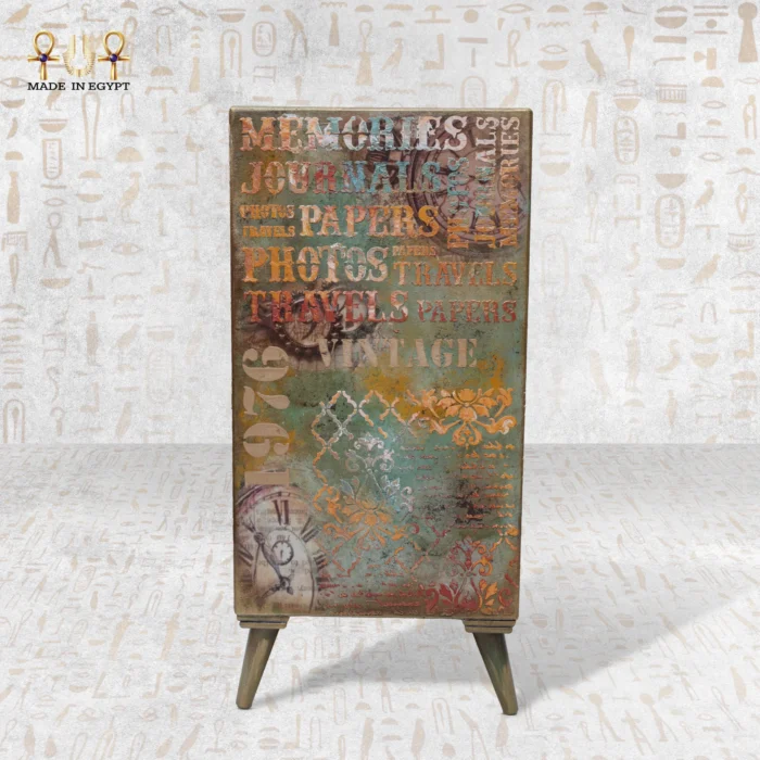 Rear view of the Royal Drawers Unit with artistic text motifs, travel-inspired engravings, and aged patina.