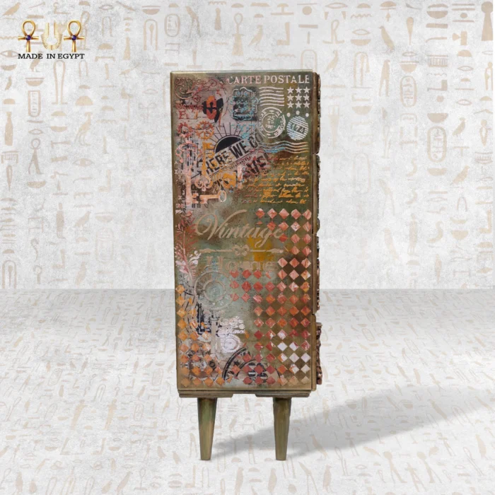 Right-side view of the Royal Drawers Unit featuring postal-inspired engravings and layered artistic textures.