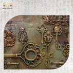 Close-up of ornate vintage keys and keyhole decorations on the Royal Drawers Unit.