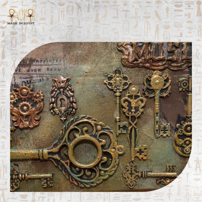 Close-up of ornate vintage keys and keyhole decorations on the Royal Drawers Unit.
