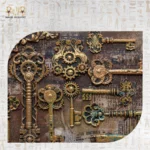 Close-up of brass gears and vintage key motifs on the Royal Drawers Unit’s decorative panels.