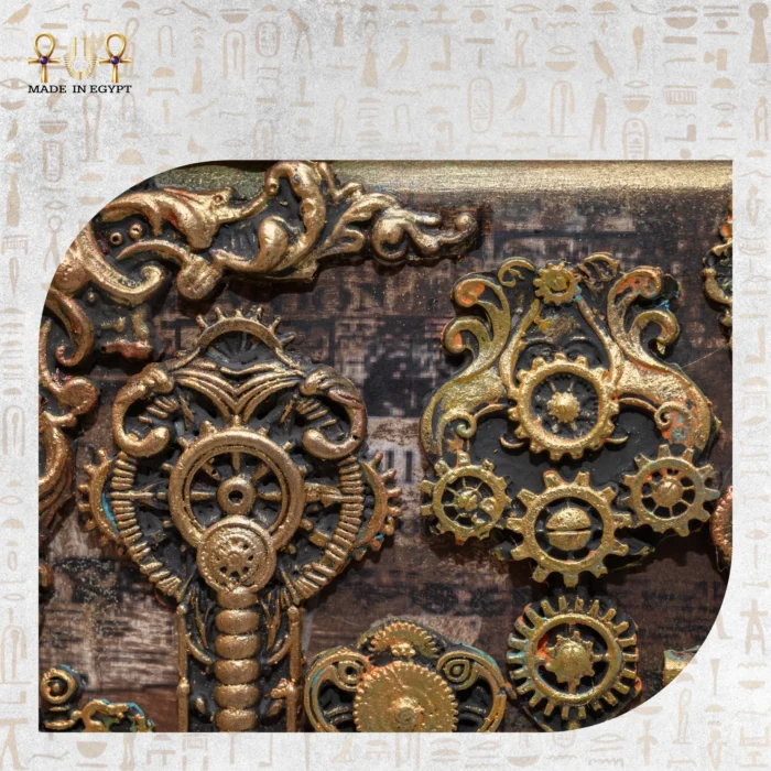 Close-up of decorative gears and antique clock faces on the Royal Drawers Unit.