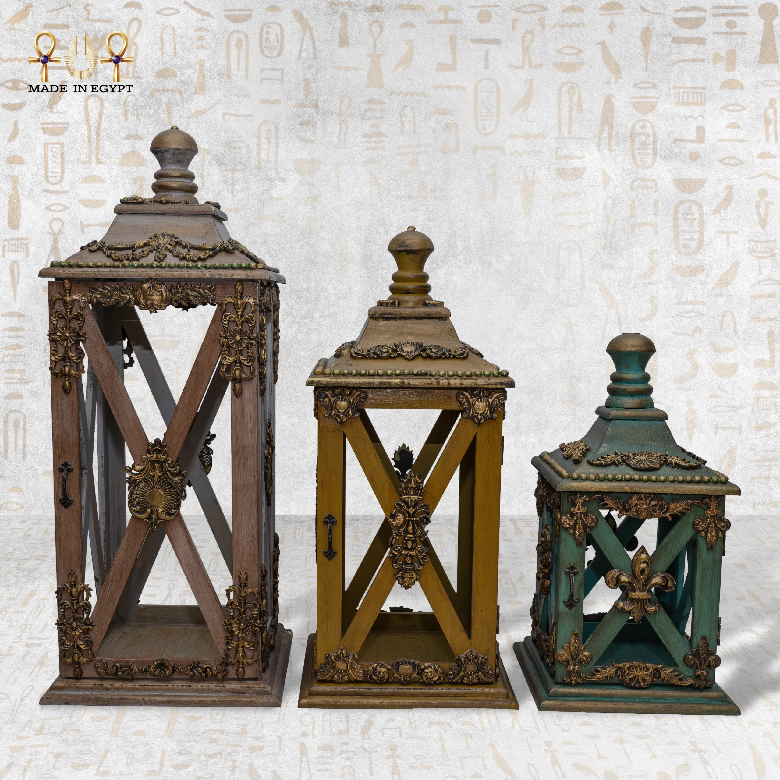 Royal Heritage Lanterns – Elegant Trio of Handcrafted Wooden Lanterns Three handcrafted Royal Heritage Lanterns in different sizes