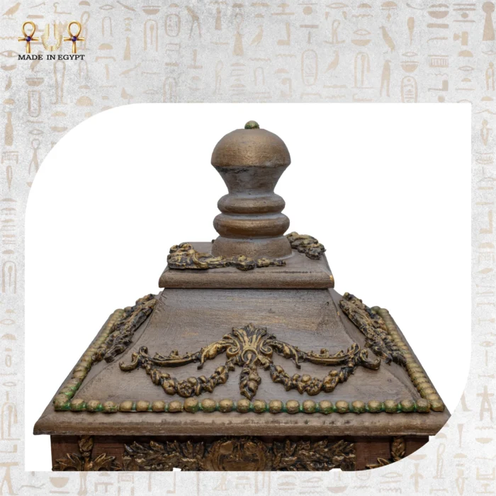 Close-up of the ornate wooden top of a handcrafted Royal Heritage Lantern.