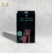 Satin Magic sleeping bonnet packaging front view – black design with cartoon illustration.