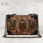 Handmade wooden bag “Secret of the Pharaonic Scarab” with engraved cartouche and queen reliefs.
