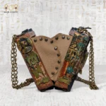Open view of Secret of the Pharaonic Scarab wooden bag showing inner lining and side engravings.
