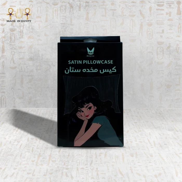 Silk Serenity satin pillowcase packaging front view – black edition.