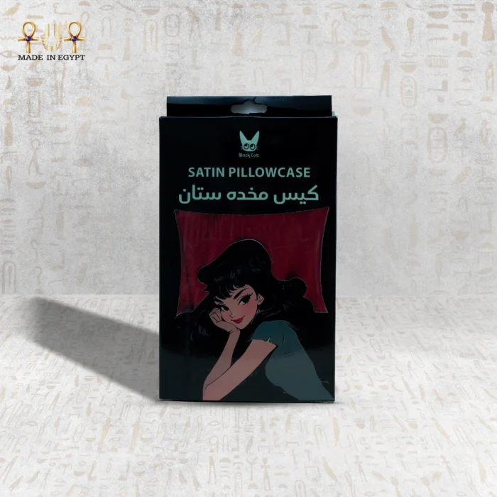 Silk Serenity satin pillowcase packaging front view – red edition.