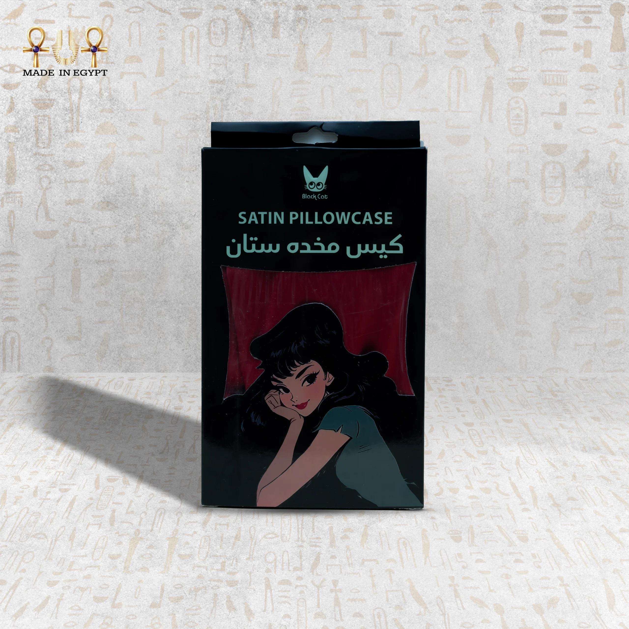 Silk Serenity Satin Pillowcase – Red Edition Front Packaging Silk Serenity satin pillowcase packaging front view – red edition.