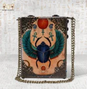 Soul Sun bag back panel with hand-painted hieroglyphics and pharaonic figures.