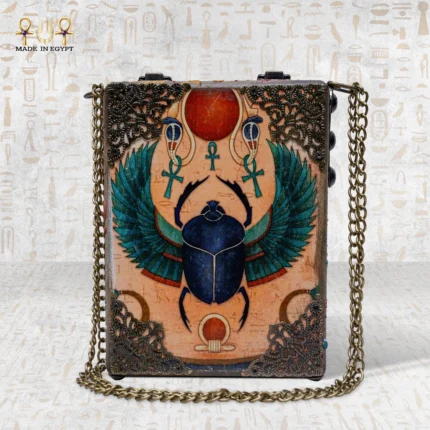 Soul Sun bag back panel with hand-painted hieroglyphics and pharaonic figures.