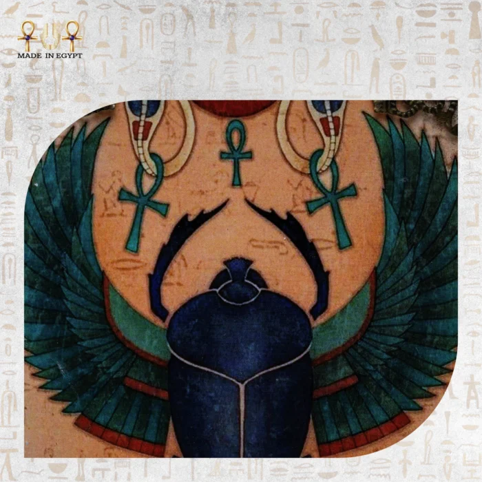 Detailed close-up of hieroglyphics and scarab carvings on Soul Sun bag.